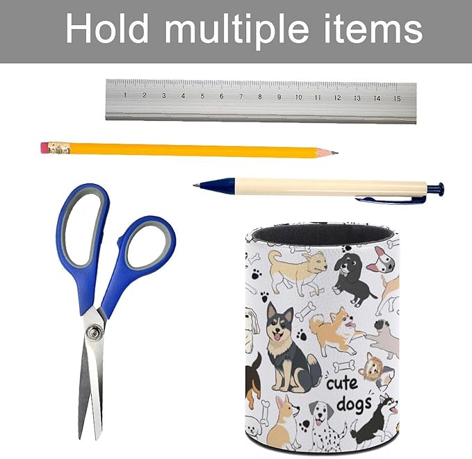 Cute Dogs Pen Holder Pencil Organizer Cute Pencil Cup Desk Decor Makeup Brush Holder PU Multifunctional Office Suppliesfor Home Classroom School