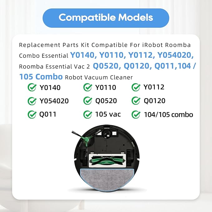 16 PCS Replacement Parts Compatible For iRobot Roomba Combo Essential Y0140, Y0110, Y0112, 104/105 / 106/108 Combo, 105Vac, Q0520, Q0120, Q011, 1 Main Brush, 4 Side Brushes, 4 Filters, 6 Mops