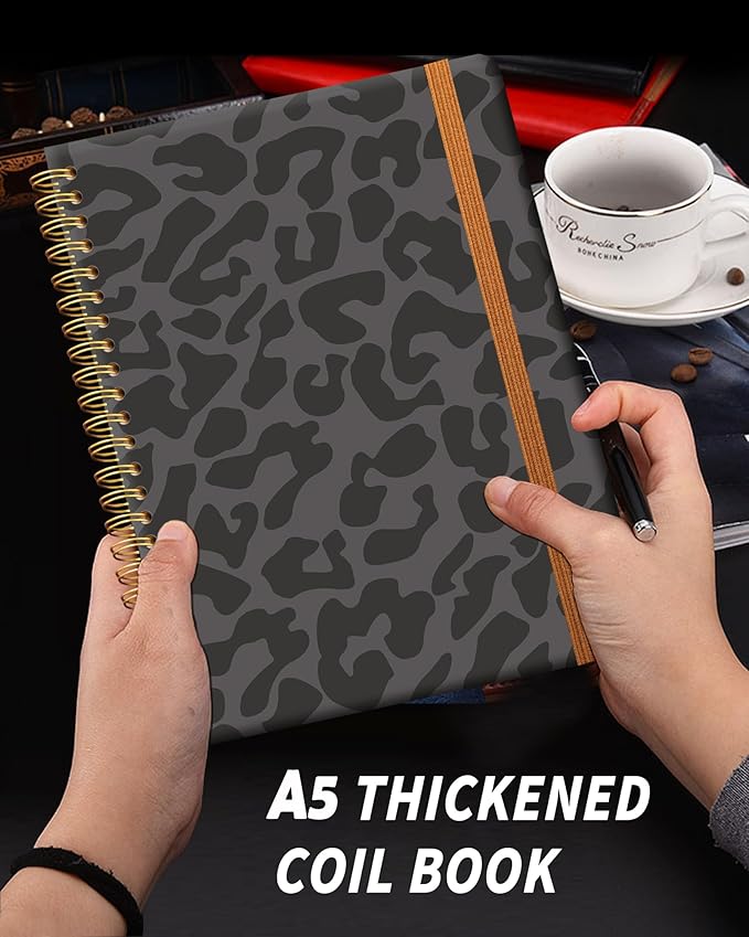 Ruled Spiral Writing Notebook,A5 Hardcover Lined College Journal for Women,Strong Twin-Wire Binding with Premium Paper,8.4" X 6",Perfect for School,Office,Home(Black Leopard)