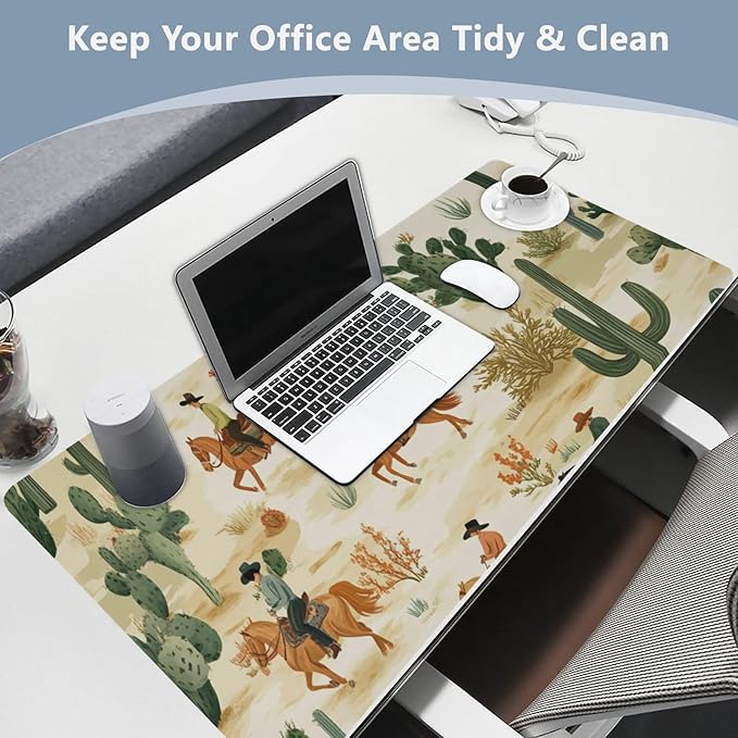 Mouse Pad Desk Mat Leather Desk Pad Large Gaming Desk Cover Protector Mat for Keyboard Computer Laptop Office Waterproof 35.4 x 16.5 Inch Cute Cacti Desert Cowboys Horses