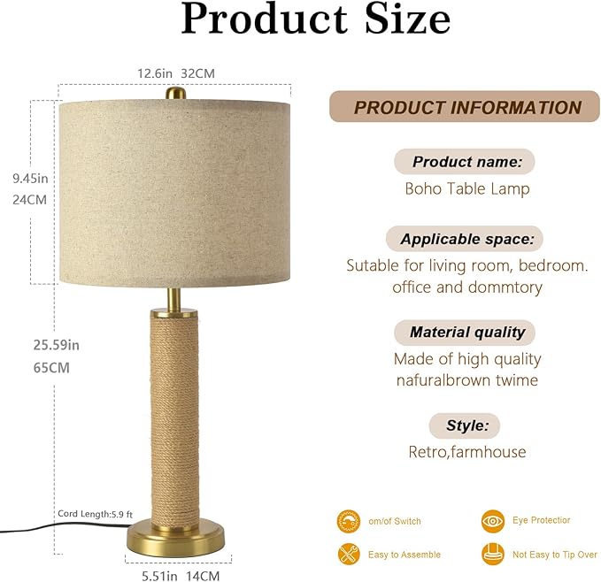 Boho Table Lamp for Bedroom, Brass Gold Wicker Table Lamp, Suitable for Small Space, Farmhouse Boho Lamp, Rustic Design Desk Lamp for Kitchen Counter, Bedside, Bedroom, Nightstands Decor