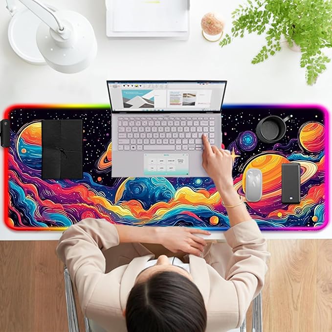 RGB Fantasy Space Planet Gaming Desk Mat, Computer Keyboard Large Extended Long Boy LED Mouse Pad for Office and Home, XL (W09)