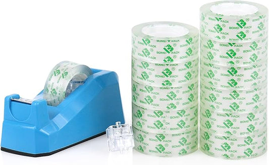 BOMEI PACK Transparent Tape Dispensers Desk, 1 Pack Blue with 12Rolls Transparent Tape, 1 Inch Core, for Gift Wrapping, School, Office and Home