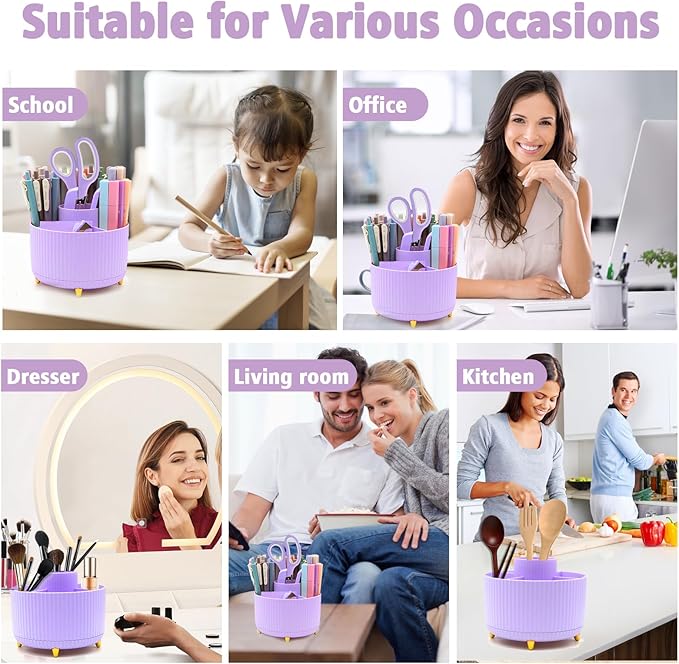 Purple Desk Accessories, UPIHO Rotating Pen Holder Set,Purple Office Supplies with Purple Stapler and Tape Dispenser Set, Gifts for Office Clerks,Student