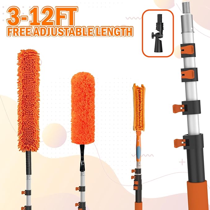 LAANPOLE 20FT Reach Ceiling Fan Cleaner Duster, Fan Blade Cleaner Kit with 3-12FT Extension Pole, Microfiber Duster & Replaceable Cleaning Cloth for Blades, Ceiling, Furniture