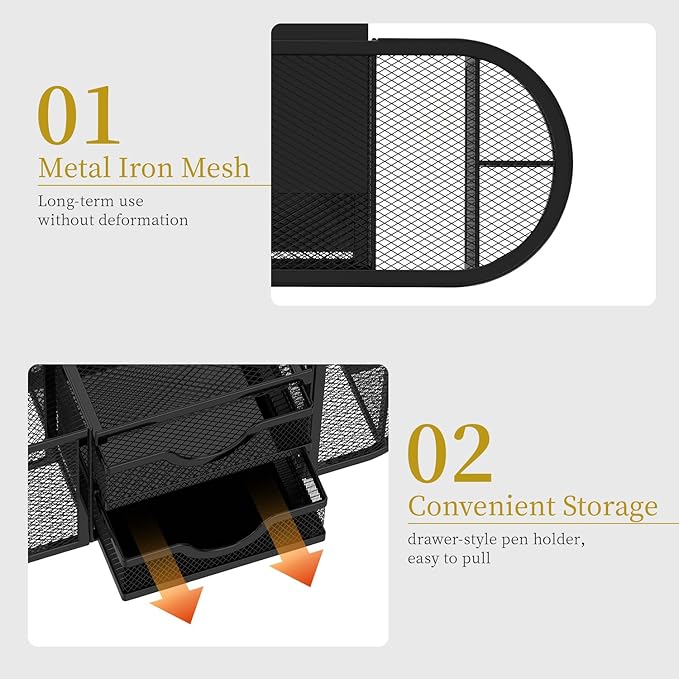 SUPEASY Mesh Desk Organizer, Desk Organizers and Accessories, Pen Holder with Drawers, Pencil Holder for Desk with 2 Drawer for Office Supplies, Black