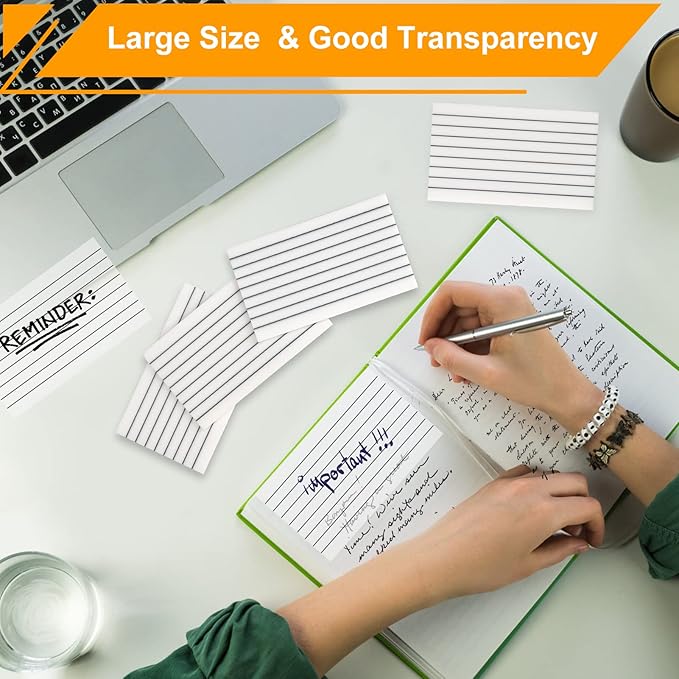 Large Lined Transparent Sticky Notes, 4 Pads 3x5 inch Clear See Through Translucent Self-Adhesive Post Memo Reminder Tabs with Line for Office Woman College School Students Classroom Supplies White