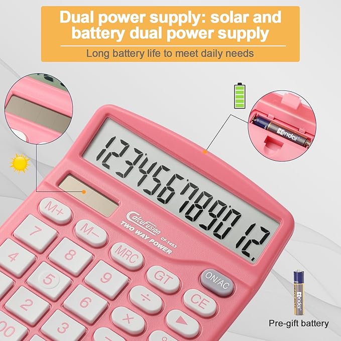 Calculator, 12 Digits Pink Desktop Calculators Large Display LCD&Big Button Dual Solar and Battery Powered Standard Functions Basic Calculator for School Office CF-1453