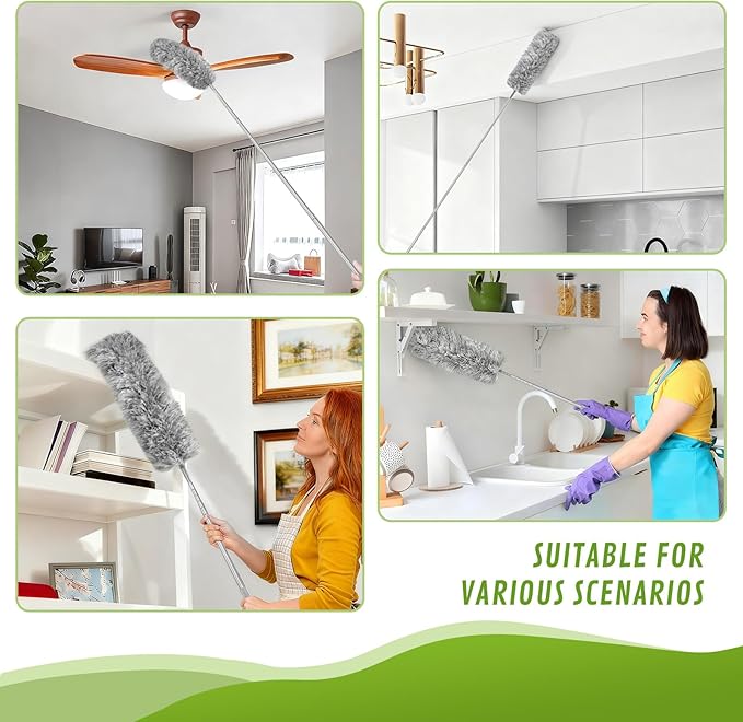 MimAuto 100-inch Duster with Extension Pole, 8-in-1 Cobweb Duster Kit Includes Chenille Head & Retractable Gap Cleaner, Spider Web Brush for High Ceiling, Fan, Car, and Home Cleaning