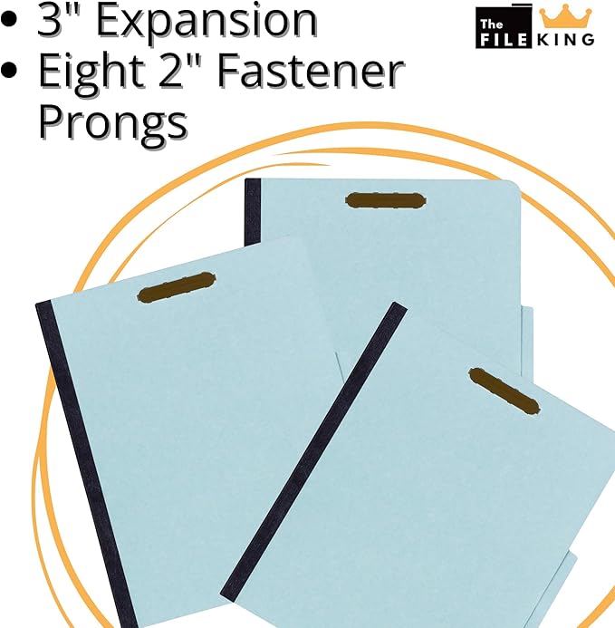 The File King Three Divider Pressboard Classification Light Blue File Folder - Letter Size | Box of 10 | 2/5 ROC Top Tab | 3” Expansion | Eight 2-Inch Fastener Prongs | Made in USA