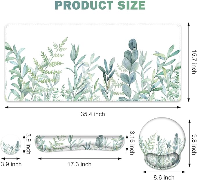 ToLuLu Desk Mat, XXL Large Mouse Pad Wrist Support Set，4 in1 Gaming Mousepad Desk Pad+ Ergonomic Mouse Pad with Wrist Rest + Keyboard Wrist Rest+Coaster for Home Office Computer Table, Green Grass