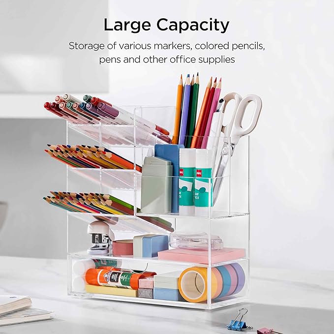 HBlife Acrylic Multi-Functional Pencil Organizer with Drawer, Large Clear Pen Holder for Desk, Desk Organizers and Accessories for Office Art Supplies, School and Home