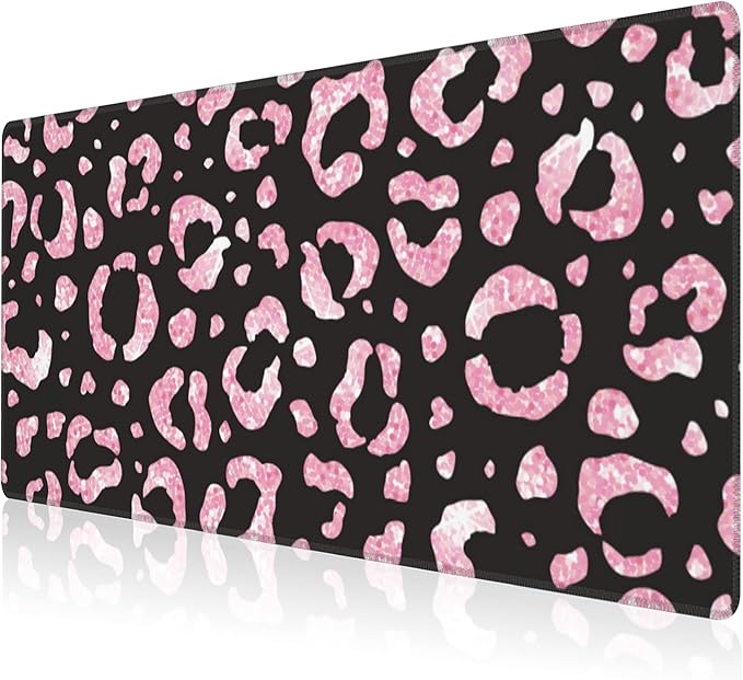Mouse Pad, Large Rose Pink Leopard Printings Desk Mat, Extended Non-Slip Gaming Keyboard Mousepad Desk Pad, Thick Stitched Edges Waterproof Mouse Mat 31.5"x15.7" (Glittery Leopard Prints)