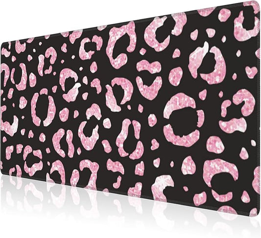 Mouse Pad, Large Rose Pink Leopard Printings Desk Mat, Extended Non-Slip Gaming Keyboard Mousepad Desk Pad, Thick Stitched Edges Waterproof Mouse Mat 31.5"x15.7" (Glittery Leopard Prints)