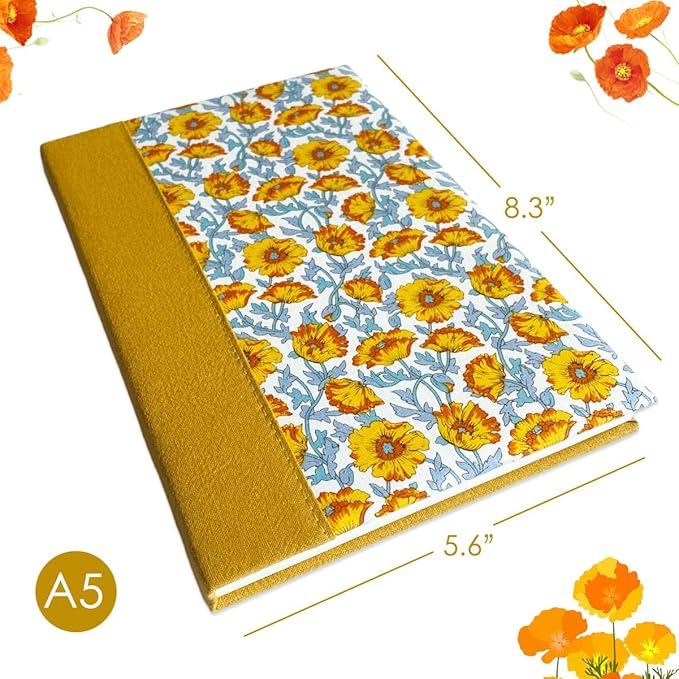 Flower Notebook, Hardcover Journal, Ruled Notebook, A5, 6x8, Floral Printed Fabric Cover, Personal Journal, Lay Flat, Gratitude Journal, Orange Notebook, Sunflower Gifts for Women
