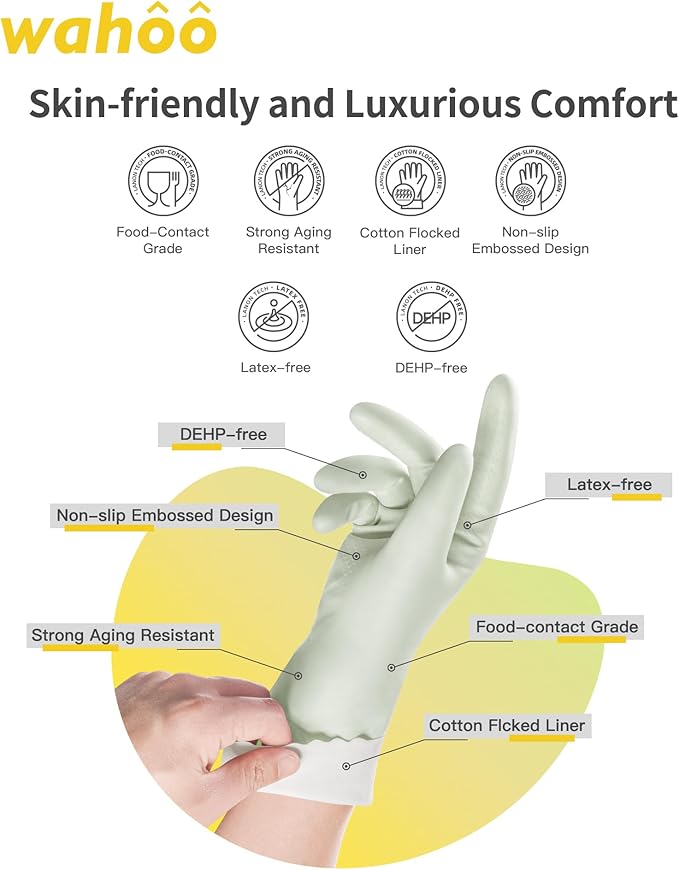 wahoo Skin-Friendly Cleaning Gloves, Reusable Dishwashing Gloves with Flocked Cotton Liner, Dishwashing, Kitchen, Canary Green, Medium