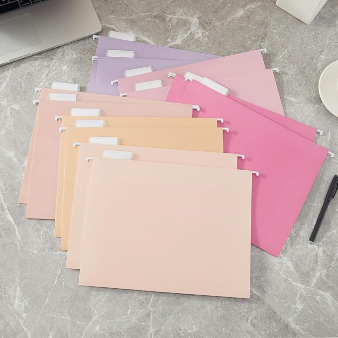 Hanging File Folder Kit Includes 1 Rose Gold Hanging File Desk Organizer and 24 Pack Hanging File Folders Letter Size with 1/5 Cut Tabs Design for School Office Home Supplies, Pink Design