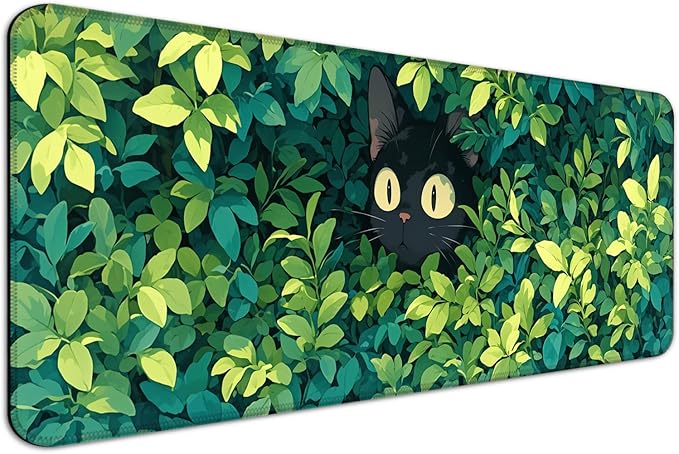 Anime Cute Cat Desk Mat, Watercolor Pretty Green Leaves Extended Large Gaming Mouse Pad, Computer Keyboard Laptop Mousepad for Work, Game, Office and Home, XL