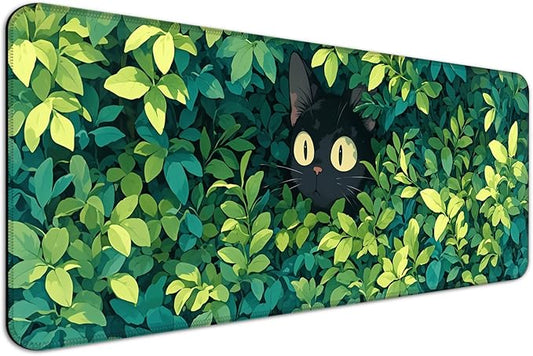 Anime Cute Cat Desk Mat, Watercolor Pretty Green Leaves Extended Large Gaming Mouse Pad, Computer Keyboard Laptop Mousepad for Work, Game, Office and Home, XL