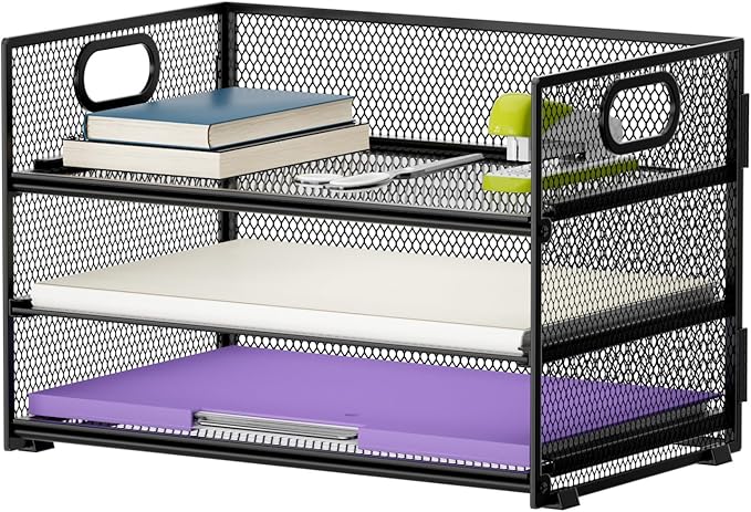 Marbrasse 3 Tier Paper Organizer Letter Tray, Mesh File Organizer with Handle, Paper Sorter Desk Organizer for Home Office Supplies