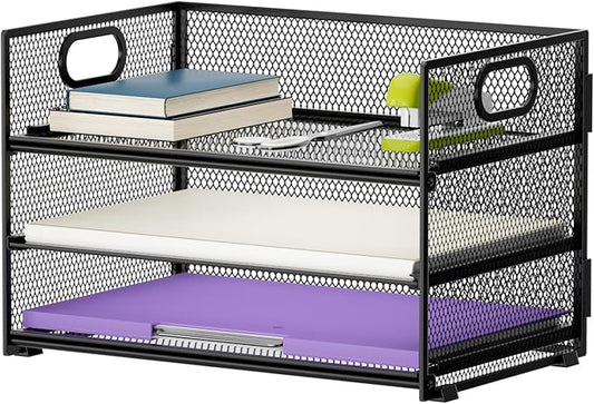 Marbrasse 3 Tier Paper Organizer Letter Tray, Mesh File Organizer with Handle, Paper Sorter Desk Organizer for Home Office Supplies