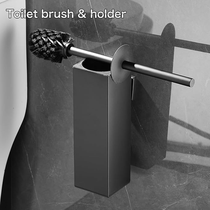 AIREMOEN Wall-Mounted Toilet Brush and Holder Set with Cleaning Brush Head, Splash Guard, and Drip Tray - Black