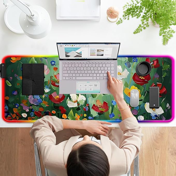 RGB Abstract Green Wildflower Gaming Desk Mat, Computer Keyboard Large Extended Long Floral LED Mouse Pad for Office and Home, XL (W23)