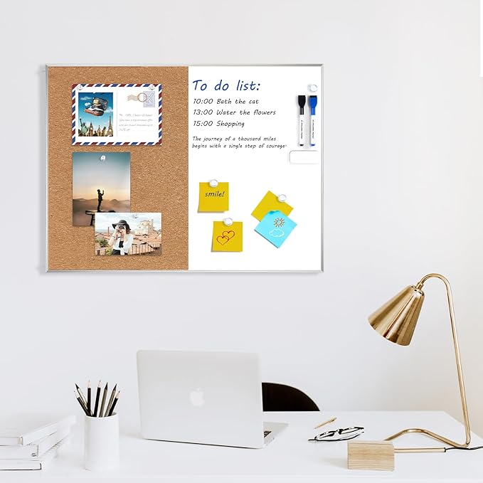 ARCOBIS Cork Board White Board Combo, 24 x 18 Inch Bulletin Board, Magnetic Dry Erase Board & Corkboard for Wall, Vision Board for Home, Office, School, Silver Frame