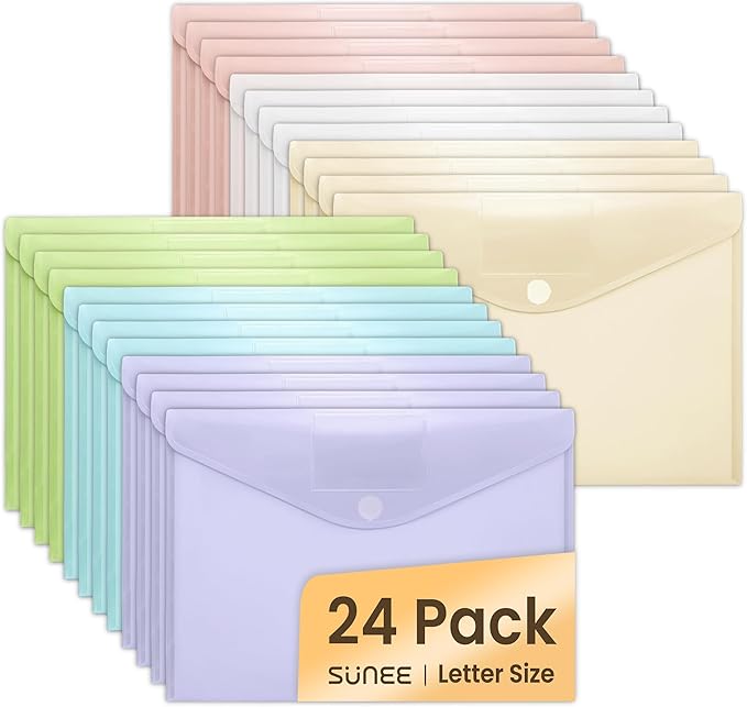 SUNEE 24 Pack Plastic Envelopes, Folders for Document for A4 Letter Size, Poly File Folders with Label Pockets for School Home Office Organizer Work Supplies, 6 Colors