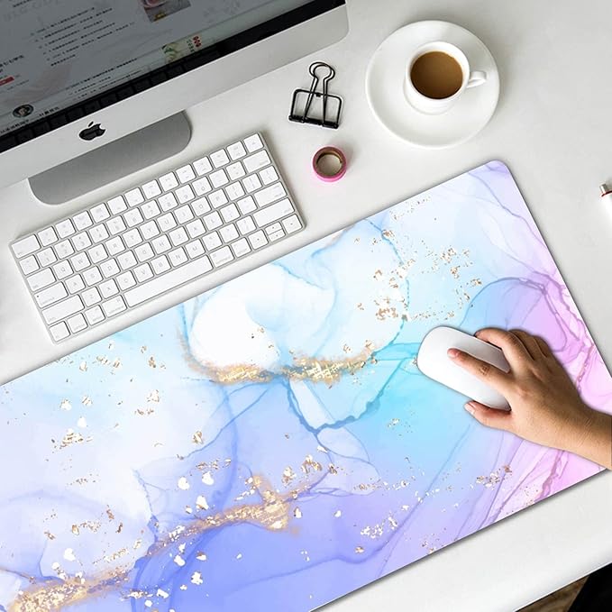 Extended Gaming Mouse Pad (31.5 X 11.8 in), Large Non-Slip Rubber Base Mousepad,Keyboard Mouse Mat Desk Pad for Work, Game, Office, Home - Blue Purple Rose Gold Marble