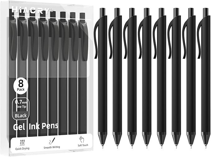 8 Pack Black Gel Pens (0.7mm Fine Point) – Smooth Quick-Drying Ink, Retractable Gel Pen for Writing, Journaling, Note-Taking – Office, School, Home & Work Supplies (8Pcs-Black Ink