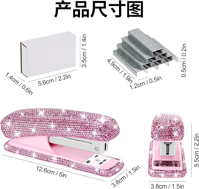 Multibey Rhinestone Stapler for Desk, Bling Crystal Handmade Stapler with 2000 Staples, Office Desktop Dazzling Staplers Rhinestone Desk Accessories for Women Office (Pure Pink