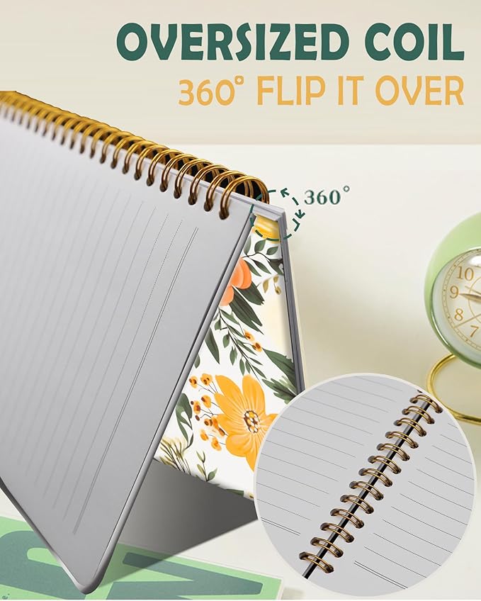 Ruled Spiral Writing Notebook,A5 Hardcover Lined College Journal for Women Lady Girl,Strong Twin-Wire Binding with Premium Paper,8.4" X 6",Perfect for School,Office,Home Gifts(orange flower)