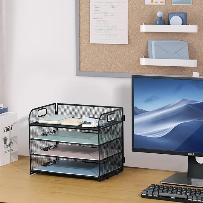 4-Tier Mesh Letter Tray Paper Organizer, Desk File Organizer with Handle - Black