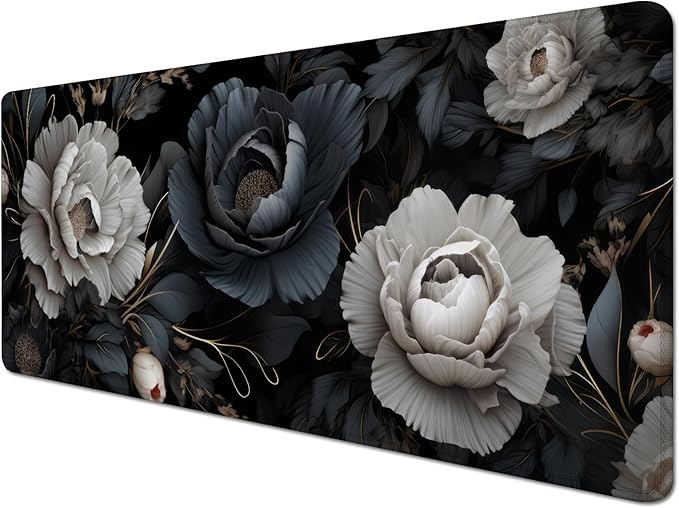 Black and White Mouse Pad,Floral Mouse Pad Desk Mat,Large Mousepad Aesthetic Mouse Pads Desk pad - Non-Slip Stitched Edges & Rubber Base for Office, Gaming Room, Computer, Laptop