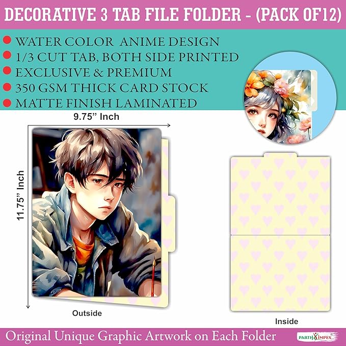 PARTH IMPEX 12 Pack Decorative File Folders, 1/3 Cut Tab with Assorted Positions, Letter Size Paper Holders (9.75” x 11.75”) Matte Finish Laminated for Office School Work - Anime Design