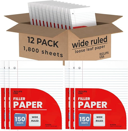 Wide Ruled Notebook Paper, Loose Leaf Paper, 10.5” x 8” Filler Paper, 56 gsm, 1800 Sheets,150 Sheets Per Pack (12 Pack)