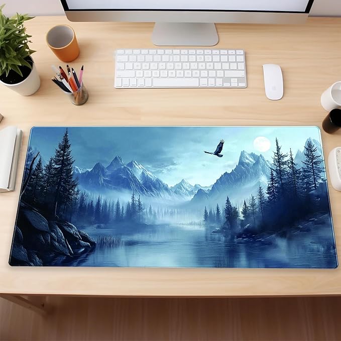 Eagle Mouse Pad Forest Desk Mat XXL Large Gaming Mousepad Winter Snow Mountain Scenery Aesthetics Computer Mat Keyboard and Mouse Pad Office Desk Decor 31.5 x 15.7 in