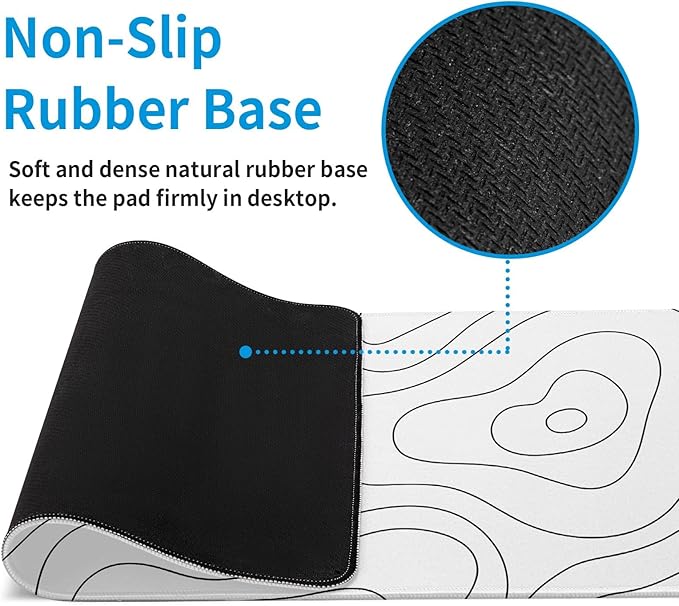 White Large Gaming Mouse Pad Desk Pad Topographic Map Big Keyboard Mat 31.5x11.8inch Computer Mousepad with Stitched Edge Non-Slip Rubber Base