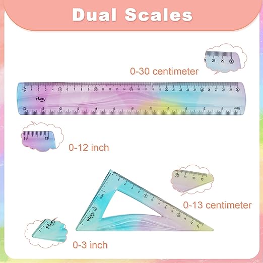 5 Pcs Flexible Rulers, 6inch 8inch 12inch Bendable Straight Ruler Triangle Ruler Protractor Soft Shatterproof Plastic Flexible Rulers with Centimeter and Inch Scales for School Classroom Office Home