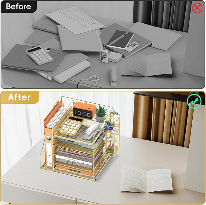 Desk Organizer with Magazine Holder, 5-Tier Paper Organizer for Desk with Pen Holder, Paper Letter Tray for Home, Office or School Supplies, Gold
