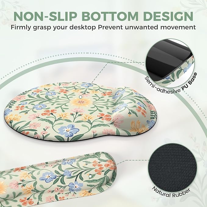 iCasso Desk Pad Mat, Large Mouse Pad and Keyboard Wrist Rest Set, Desk Protector Mat,4in1 Ergonomic Carpal Tunnel Keyboard Pad with Wrist Support for Desktop Cover Home Office Computer(Green Flowers)