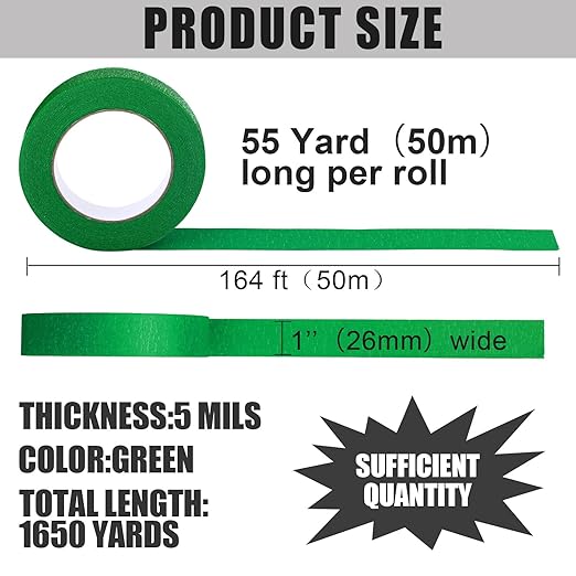 Fainne 30 Pcs Green Painters Masking Tape Bulk 1 Inch x 55 Yard, General Purpose Paint Band Removable Adhesive Tape Multi Surface Roll for Painting Labeling School Supplies
