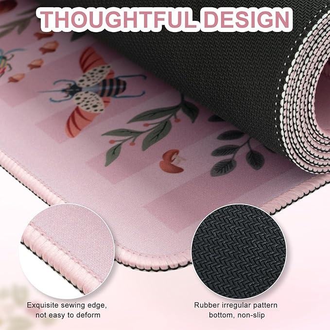 iCasso Floral Desk Matt for Desktop,Cute Desk Pad for Keyboard and Mouse with Stitched Edges,XXL Extended Large Computer Mat 35.4 x 15.7 inch,Non-Slip Gaming Mousepad for Women,Office,Home(Pink)