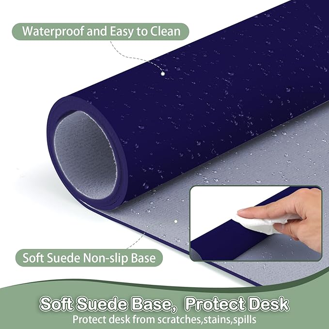 Boutilon Leather Desk Pad Protector,Non-Slip Mouse Pad,Laptop Desk Pad,Office Mouse Mat,Waterproof Leather Desk Blotter,Desk Writing Pad for Office and Home (L-Navy,35"x 17")