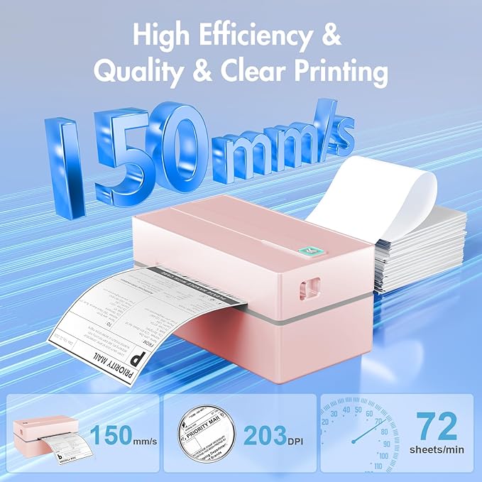 Bluetooth Thermal Shipping Label Printer: 4x6 Wireless Mini Clear Label Maker with Waterproof Tape for Small Business - Widely Used for USPS UPS Ebay Amazon Shopify Etsy, Pink