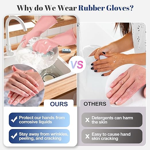 Rubber Kitchen Dishwashing Gloves - 3 Pairs Reusable Household Cleaning Gloves, Flexible and Durable & Non-slip Cleaning Gloves, Great for Kitchen, Bathroom, Laundry (Medium, Pink+Green+Blue)