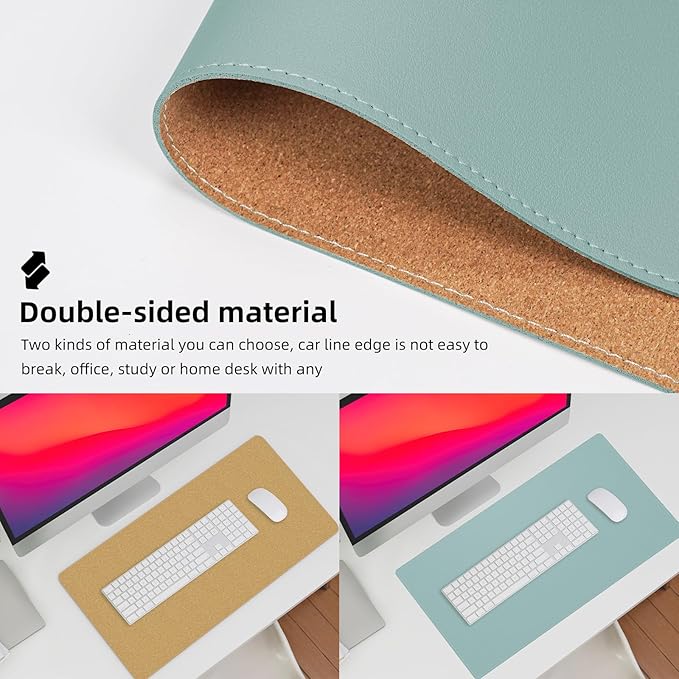 AFIING Dual-Sided Desk Pad, Natural Cork & PU Leather, Desk Mat Protector Non-Slip, Waterproof, Easy Clean,Large Mouse mats for Office and Home Work(Light Blue, 31.5"x17")