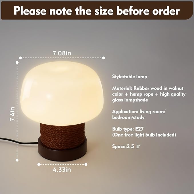 Small Table Lamp for Bedroom-Wooden Base Mushroom Table Lamps,Milky White Glass Shade,Three Adjustable Color Temperatures Modern Cute Unique Side Table and Desk Lighting(H 7.4 in)