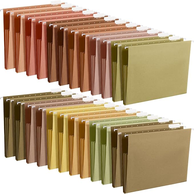 Yaomiao 24 Pack Hanging File Folders 3 Pleats Letter Size File Cabinet Folders with 1/5-Cut Adjustable Tabs Expandable Document Cabinet Colored for Home Desk Office Organization(Warm Color)